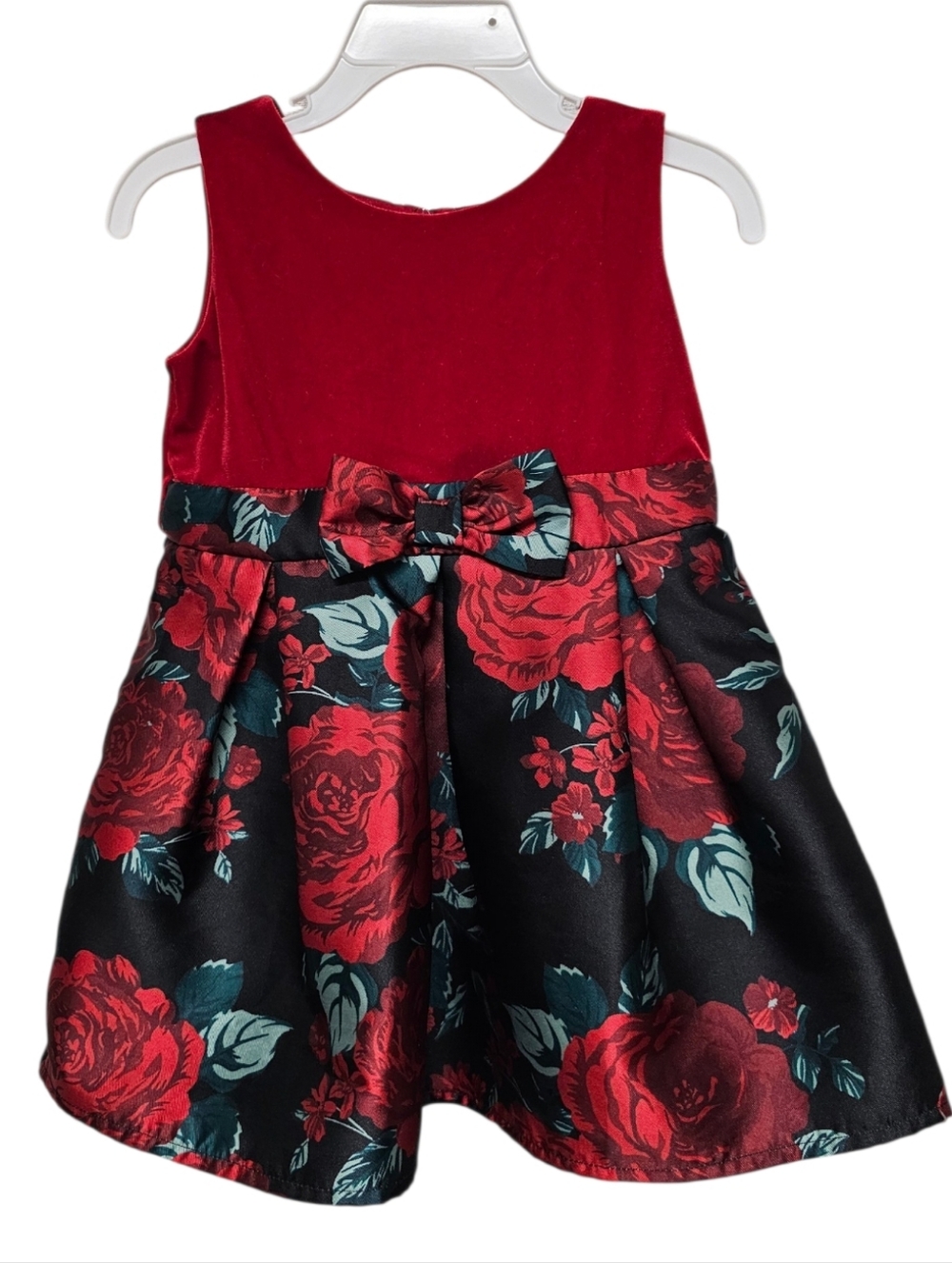 Girls Red Floral Velvet Bodice Dress with Bow